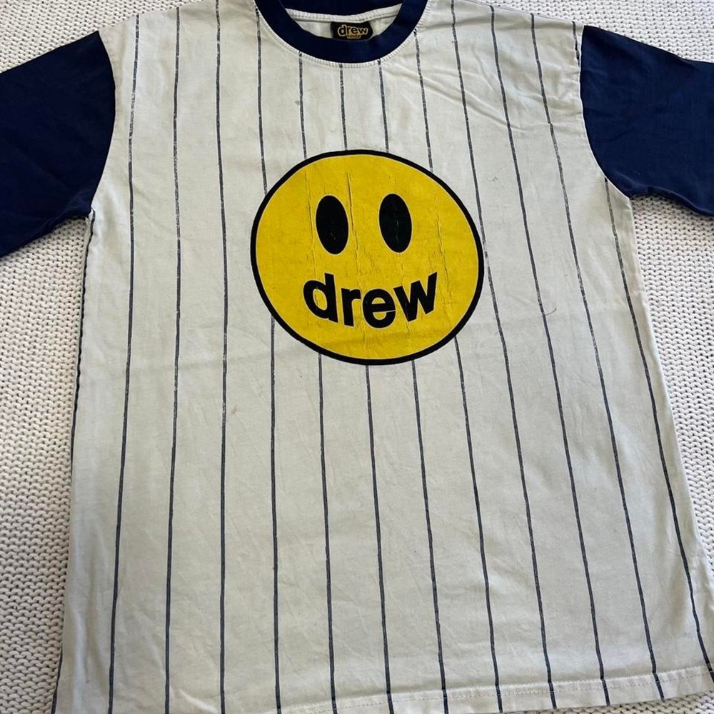 Drew House Pinstripe Baseball Tee White Navy Yellow Smiley Face Graphic Shirt